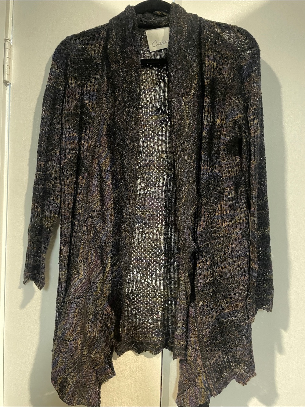 Open-Front Knit Cardigan Sweater - Black with Multicolor Accents